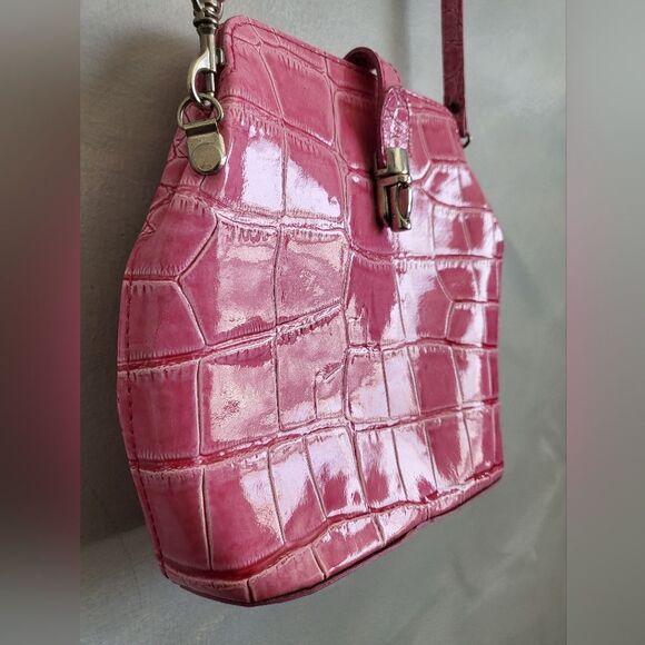 Pink Alligator Croc Embossed Small Leather Bag Made in Italy 8 x 8 - Picture 9 of 16